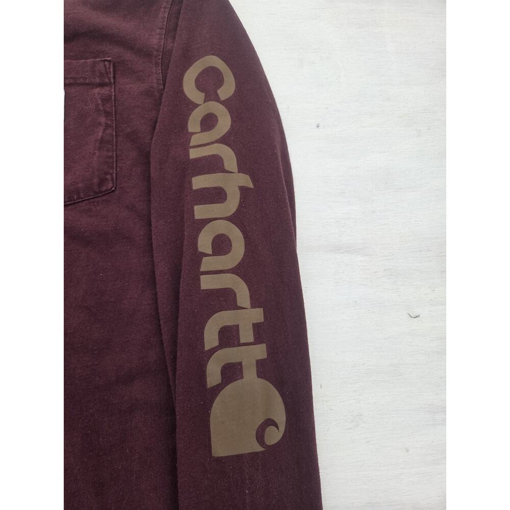 Carhartt Henley T Shirt Adult M Loose Fit Pocket Maroon Mens Work Long Sleeve - Picture 3 of 8
